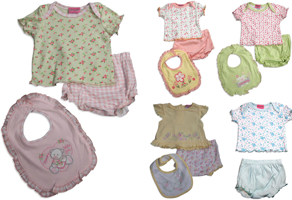 Little by Little Baby Newborn Girls Short Sleeve Print Diaper Bib Shirt Sets-0