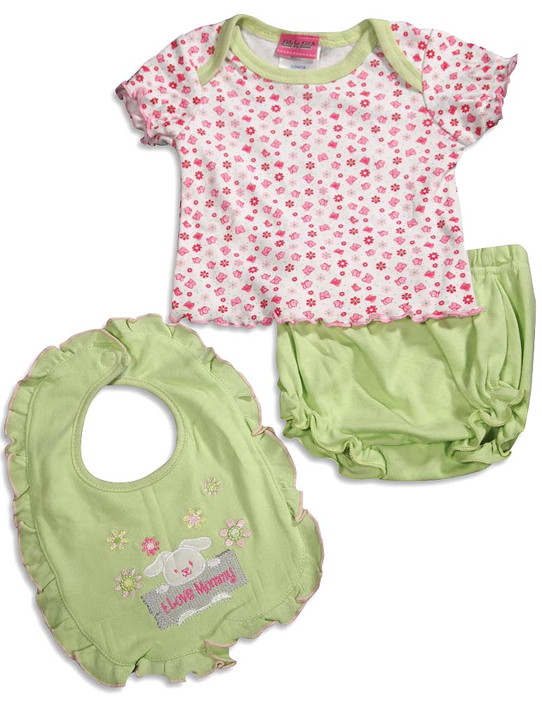 Little by Little Baby Newborn Girls Short Sleeve Print Diaper Bib Shirt Sets-4