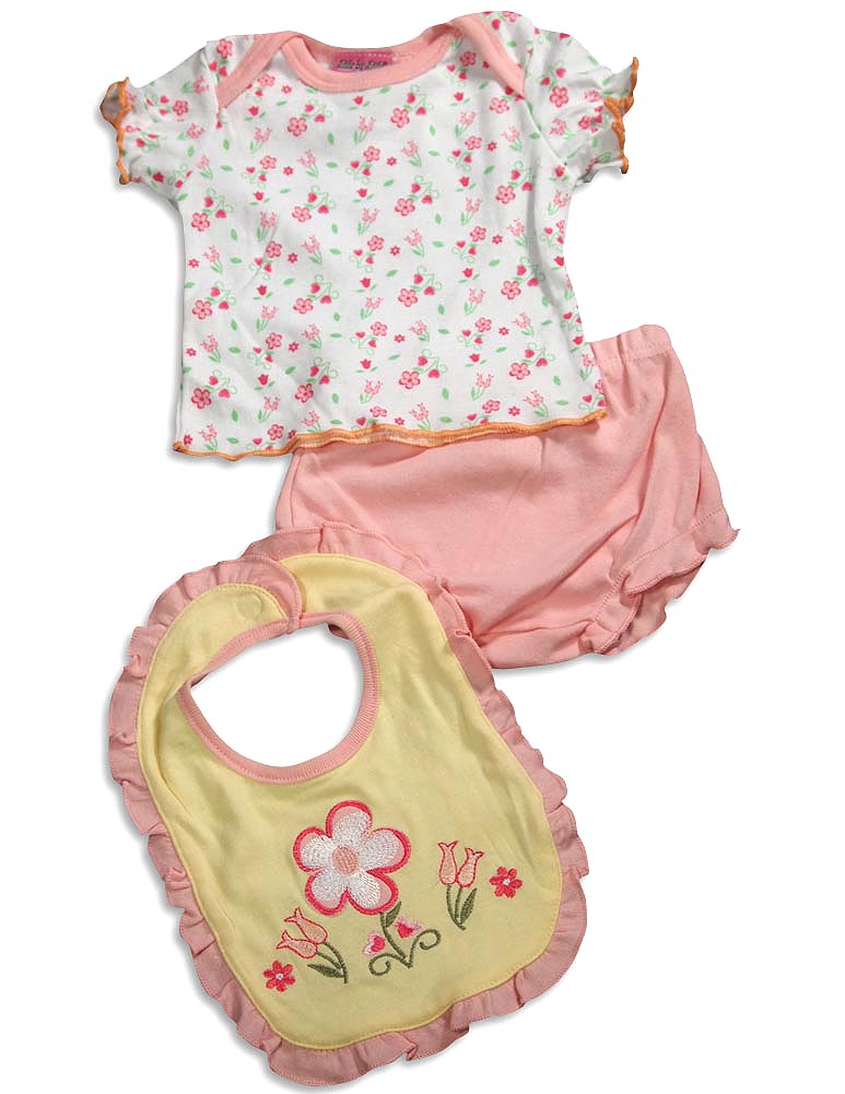 Little by Little Baby Newborn Girls Short Sleeve Print Diaper Bib Shirt Sets-6