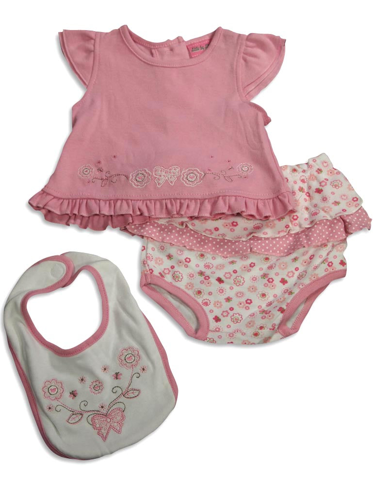 Little by Little Baby Newborn Girls Short Sleeve Print Diaper Bib Shirt Sets-8