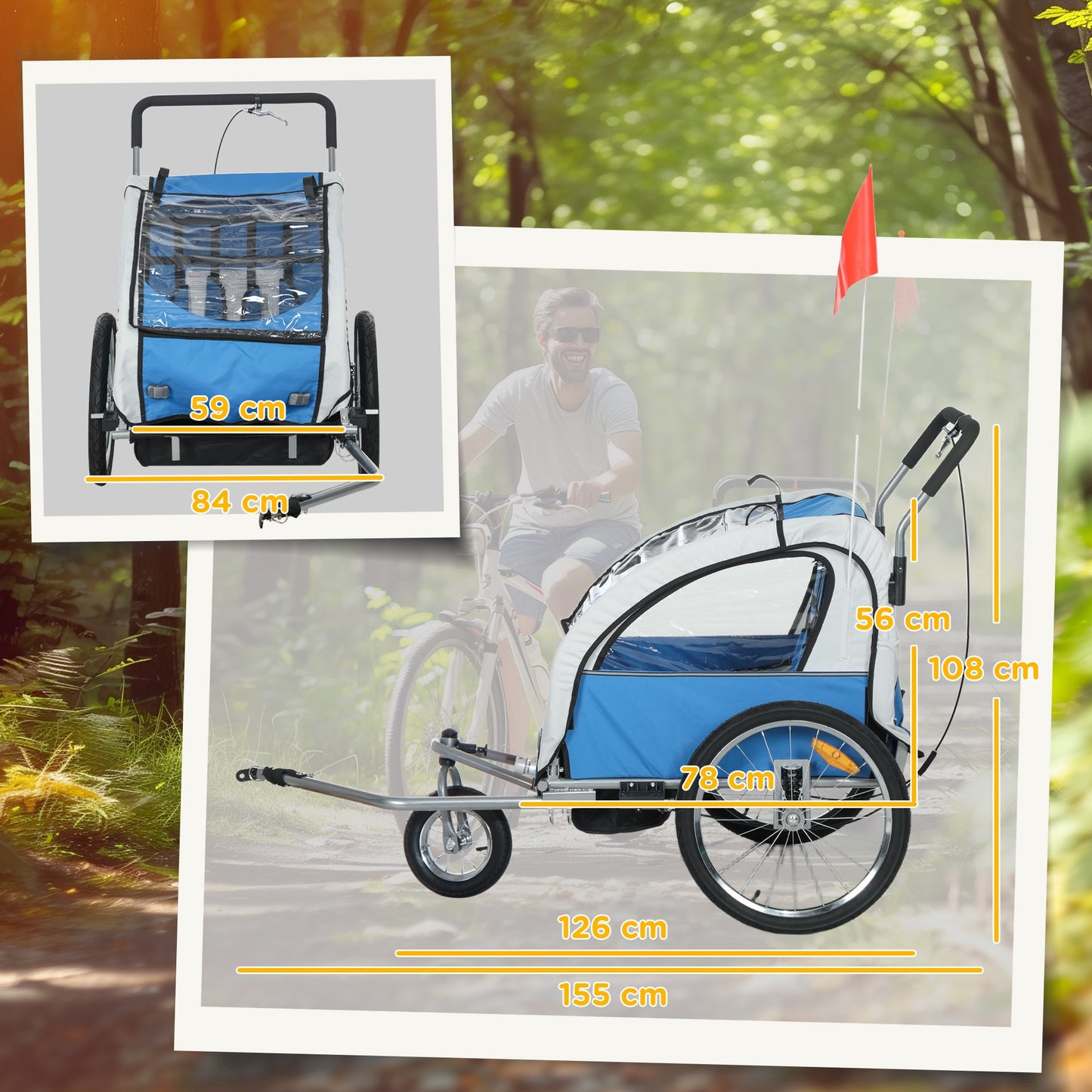 2 Seat Bike Trailer with 5 Point Harness, Baby Bike Stroller with Safety Flag, Reflectors, for 18+ Months, Blue