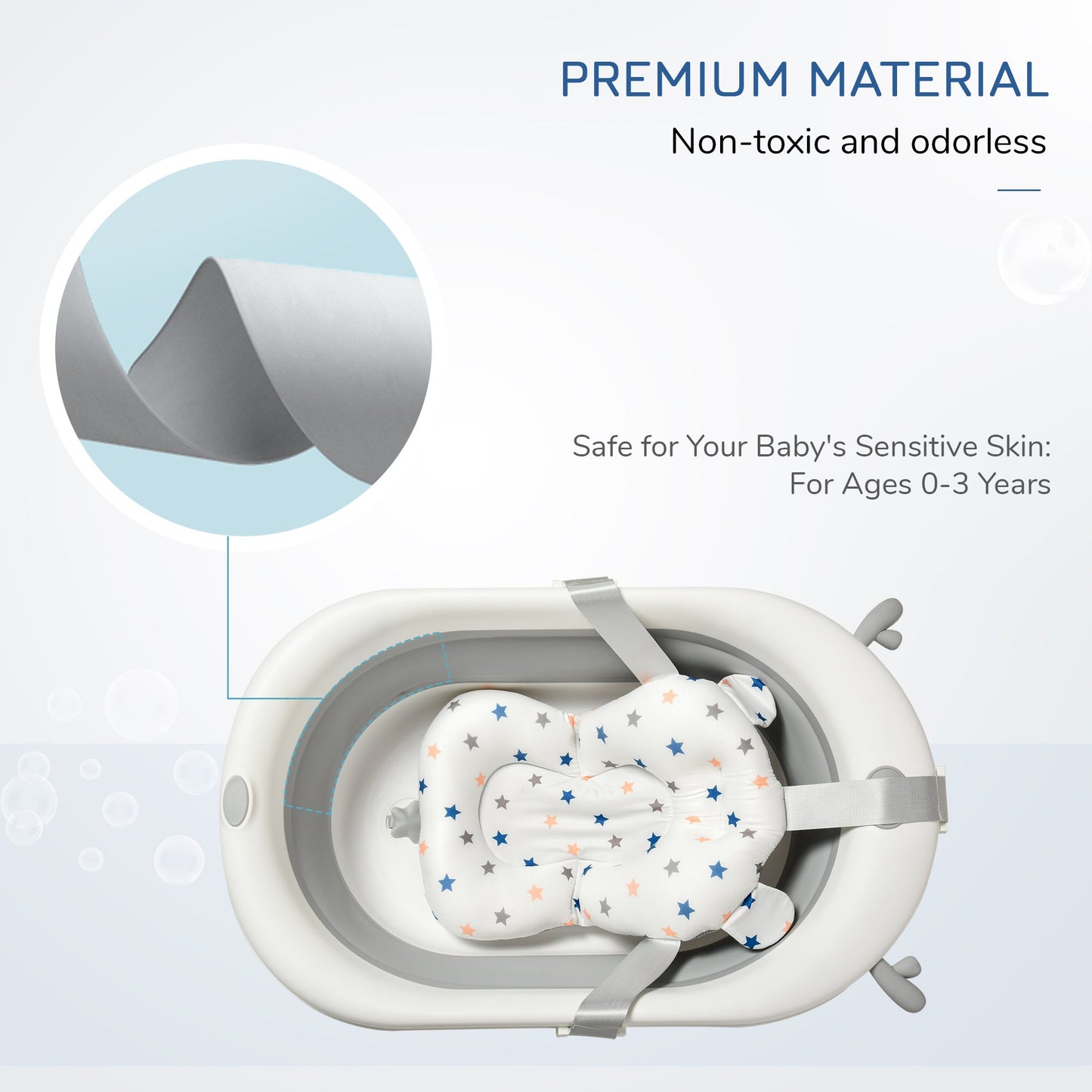 Foldable Baby Bathtub Set, Collapsible Bath Tub with Thermostatic Water Plug, Non-Slip Support, Cushion Pad, Drain Plugs, for Newborn to 3 Years - Offwhite