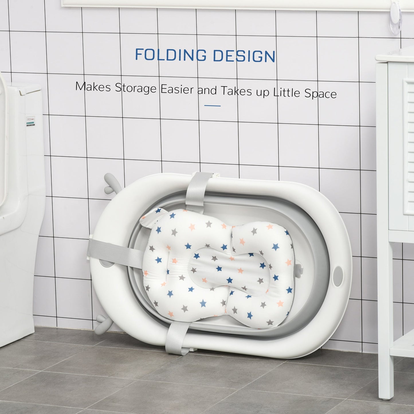 Foldable Baby Bathtub Set, Collapsible Bath Tub with Thermostatic Water Plug, Non-Slip Support, Cushion Pad, Drain Plugs, for Newborn to 3 Years - Offwhite