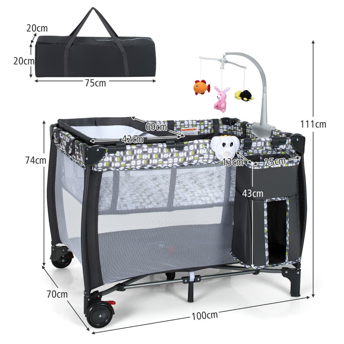 NNECW 3 in 1 Baby Portacot with Bassinet & Changing Table