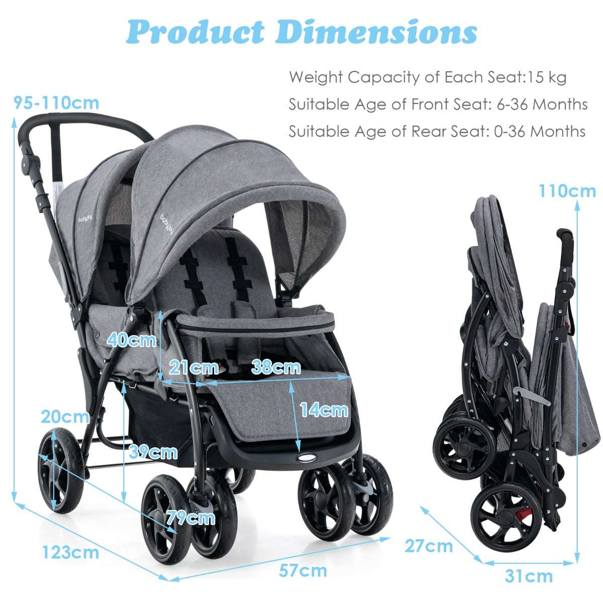 NNECW Folding Double Baby Stroller with Tandem Seating & Canopy for Toddlers-Grey