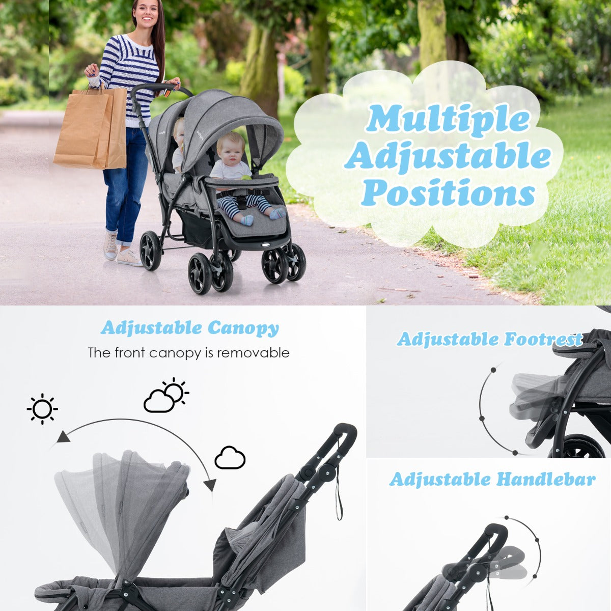 NNECW Folding Double Baby Stroller with Tandem Seating & Canopy for Toddlers-Grey