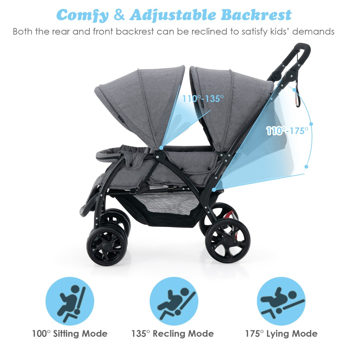 NNECW Folding Double Baby Stroller with Tandem Seating & Canopy for Toddlers-Grey