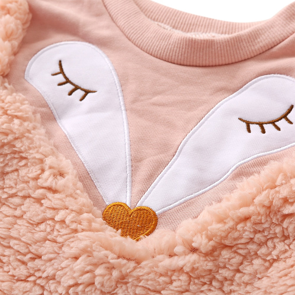 Winter Lamb Wool Newborn Baby Girls Clothes Cartoon Printed Tops And Pants Casual Round Neck Infant Girls Outfits Clothing D30