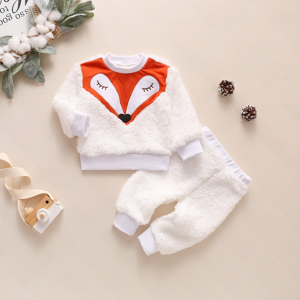 Winter Lamb Wool Newborn Baby Girls Clothes Cartoon Printed Tops And Pants Casual Round Neck Infant Girls Outfits Clothing D30