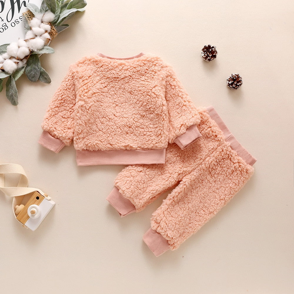 Winter Lamb Wool Newborn Baby Girls Clothes Cartoon Printed Tops And Pants Casual Round Neck Infant Girls Outfits Clothing D30