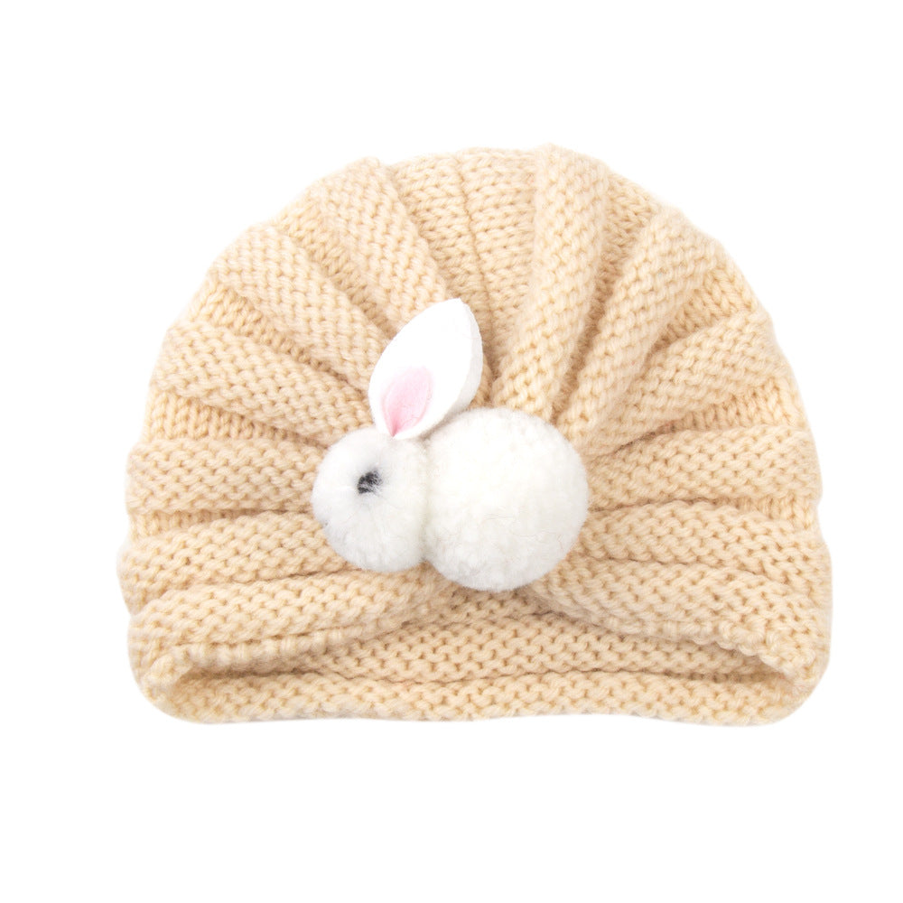 Newborn Baby Solid Color Rabbit Patched Design Wool Knitting Tire Caps-17