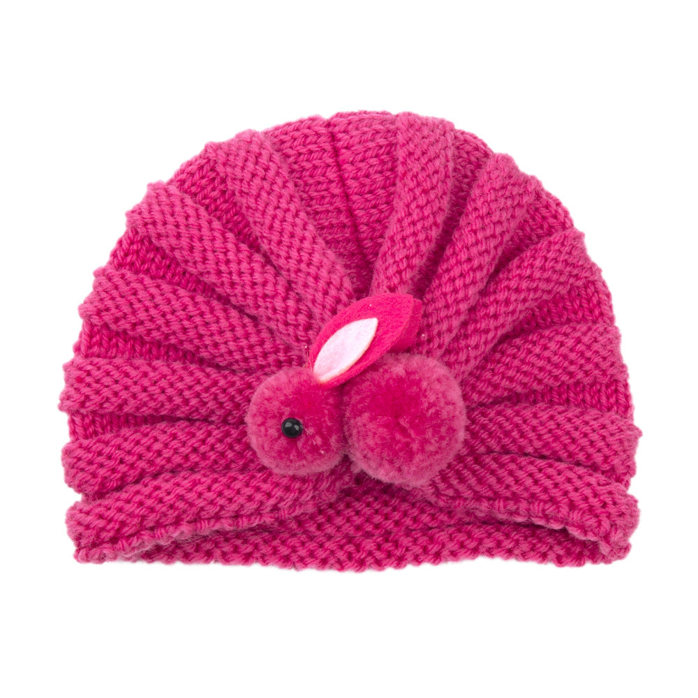Newborn Baby Solid Color Rabbit Patched Design Wool Knitting Tire Caps-7
