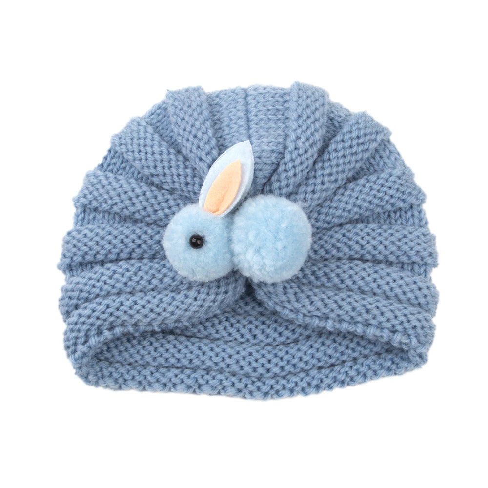 Newborn Baby Solid Color Rabbit Patched Design Wool Knitting Tire Caps-10