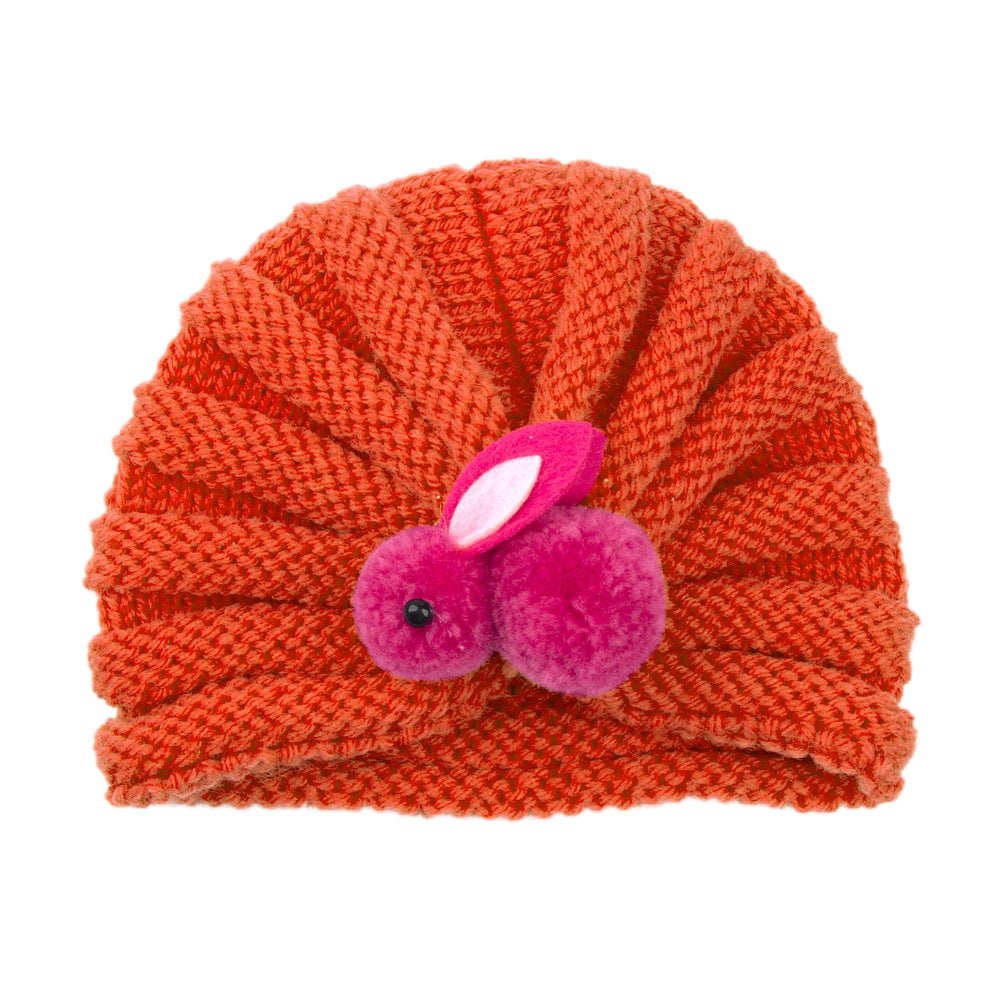 Newborn Baby Solid Color Rabbit Patched Design Wool Knitting Tire Caps-18