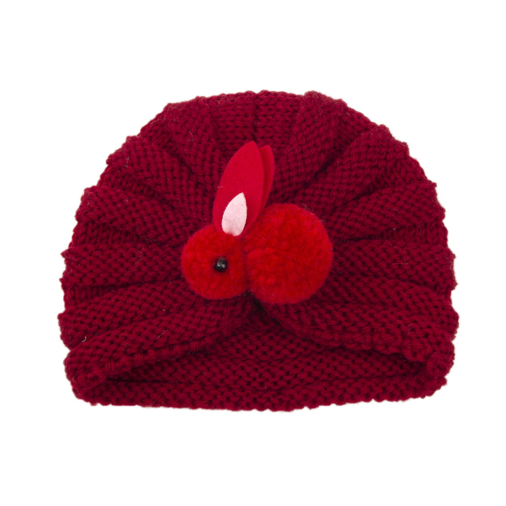 Newborn Baby Solid Color Rabbit Patched Design Wool Knitting Tire Caps-6