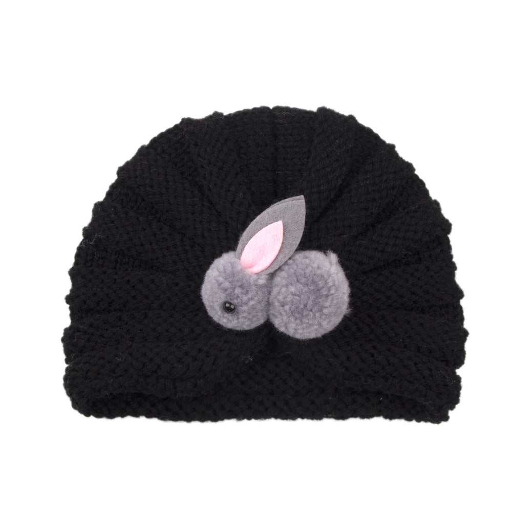 Newborn Baby Solid Color Rabbit Patched Design Wool Knitting Tire Caps-5