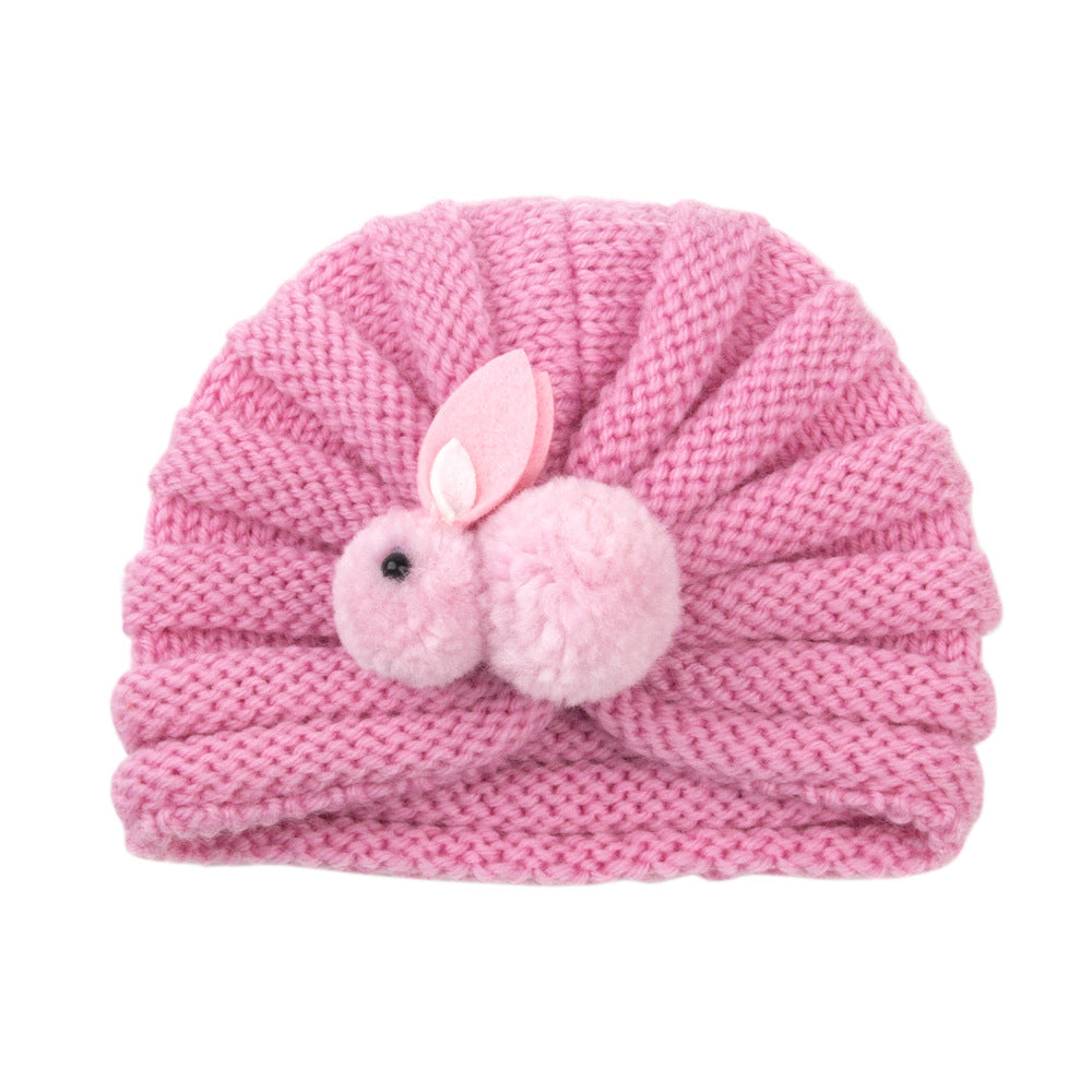 Newborn Baby Solid Color Rabbit Patched Design Wool Knitting Tire Caps-8