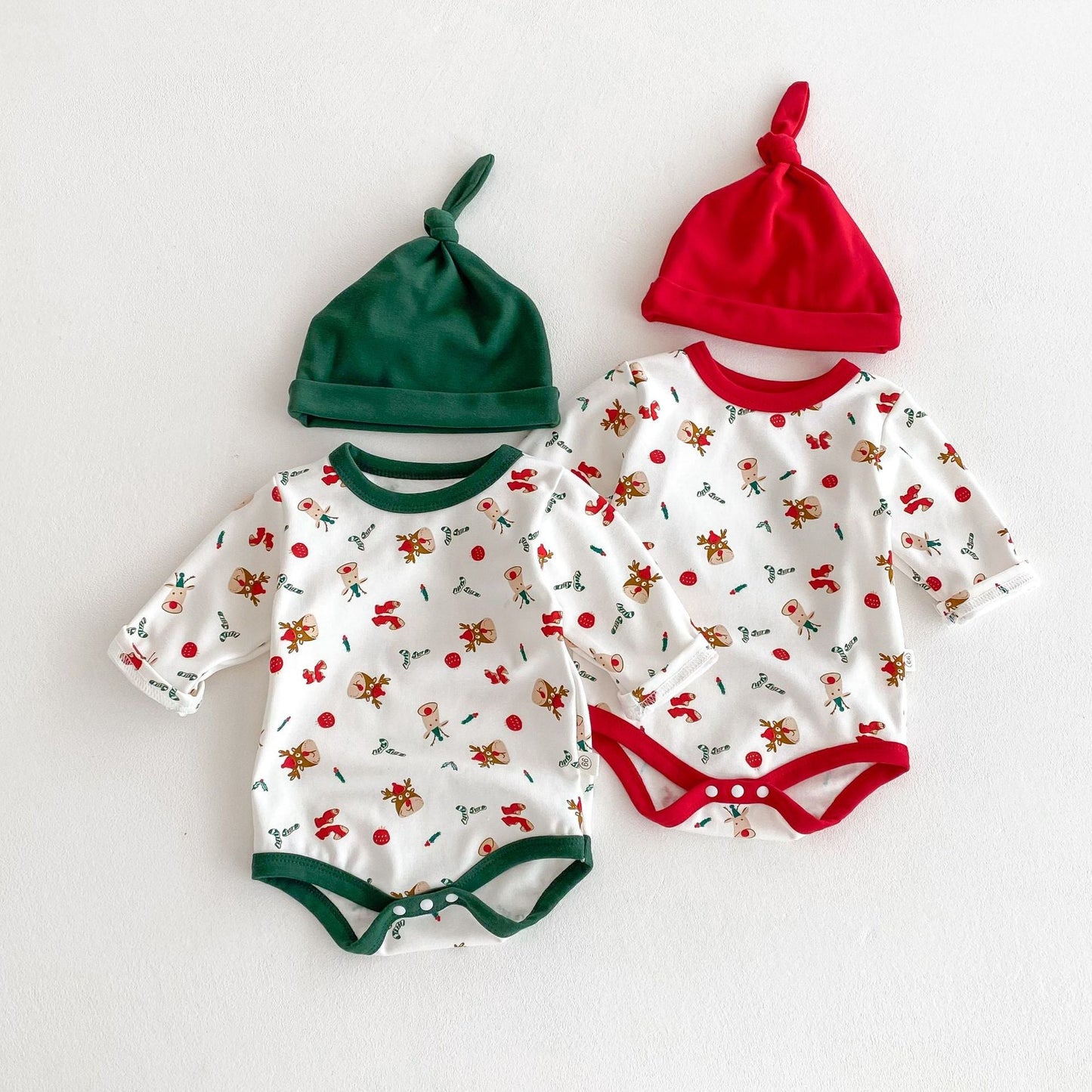 Autumn Arrival Baby Unisex Long Sleeves Christmas Cartoon Onesies with Hat and Plain Pants