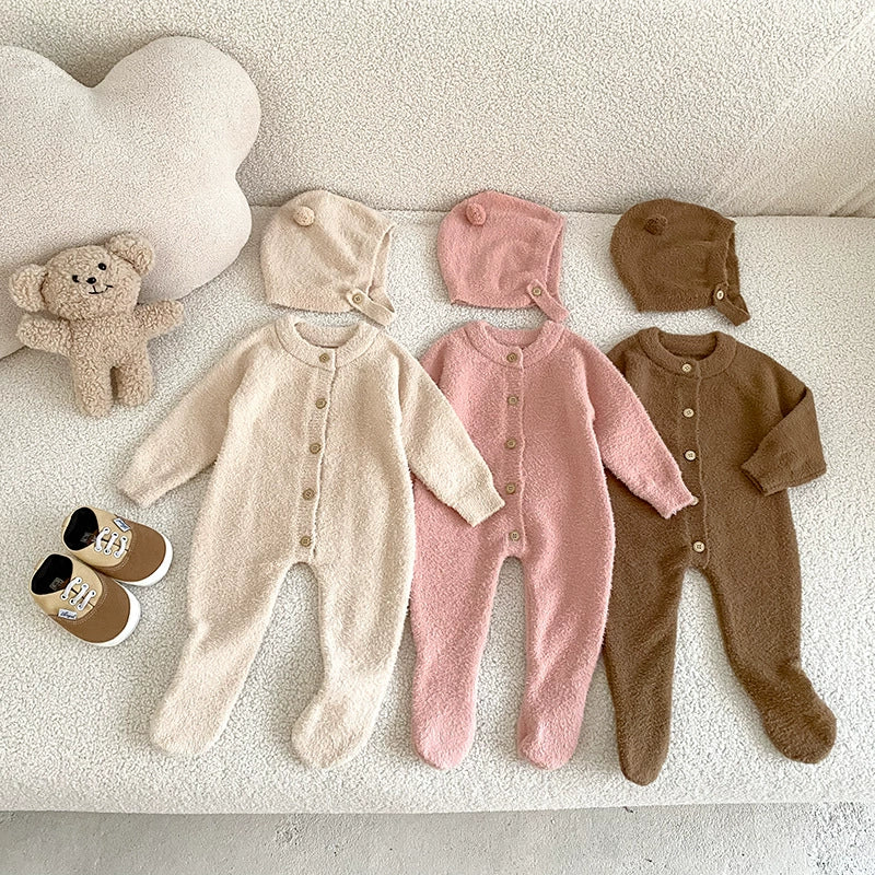 Autumn and Winter Arrival Unisex Baby’s Solid Color Crew Neck Fluffy Rompers