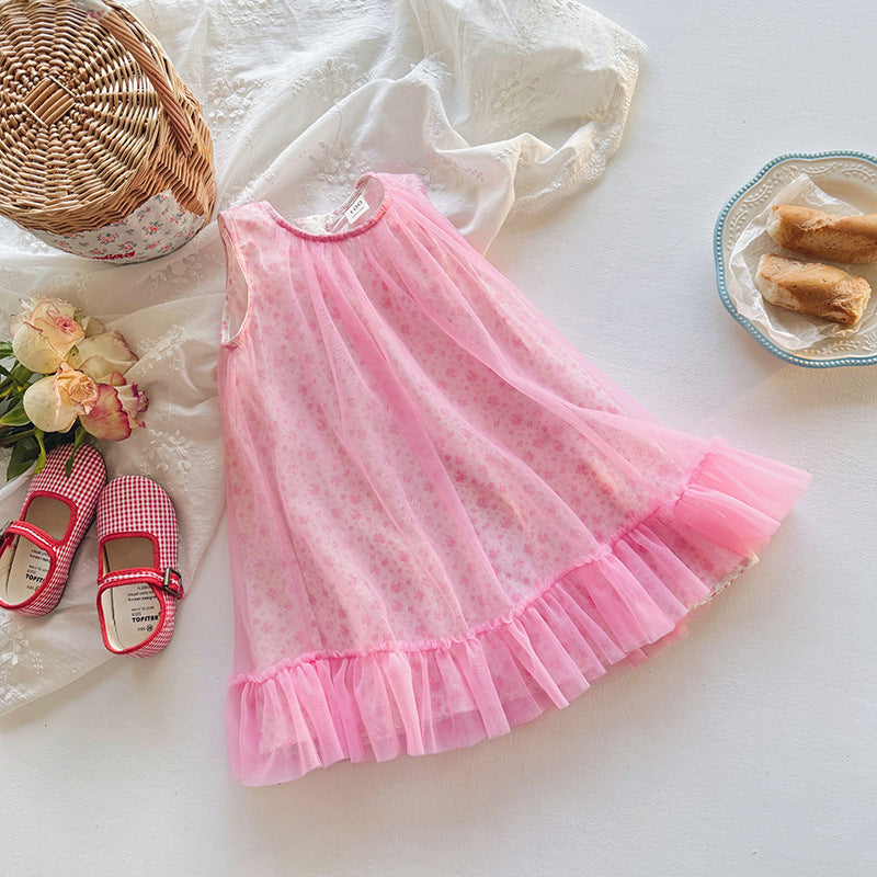 Design Summer Kids Girls Cute Floral Print Sleeveless Mesh Dress