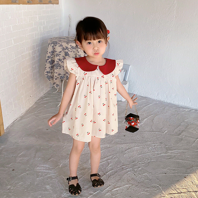 Summer Arrival Baby Girls Cherry Print Fly Sleeves Peter Pan Collar Dress-1