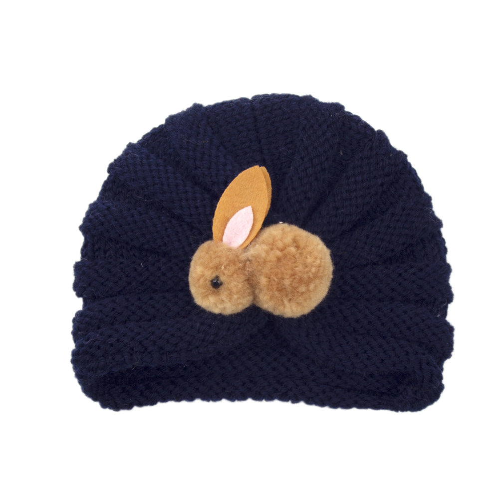 Newborn Baby Solid Color Rabbit Patched Design Wool Knitting Tire Caps-9