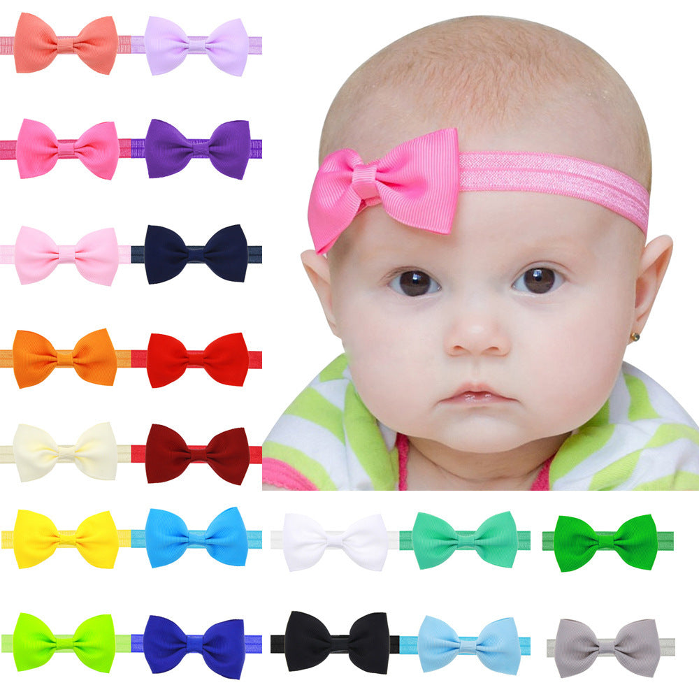 Newborn Baby 2 pcs. Small Size Bow Patched Pattern Solid Color Elastic Headband-0