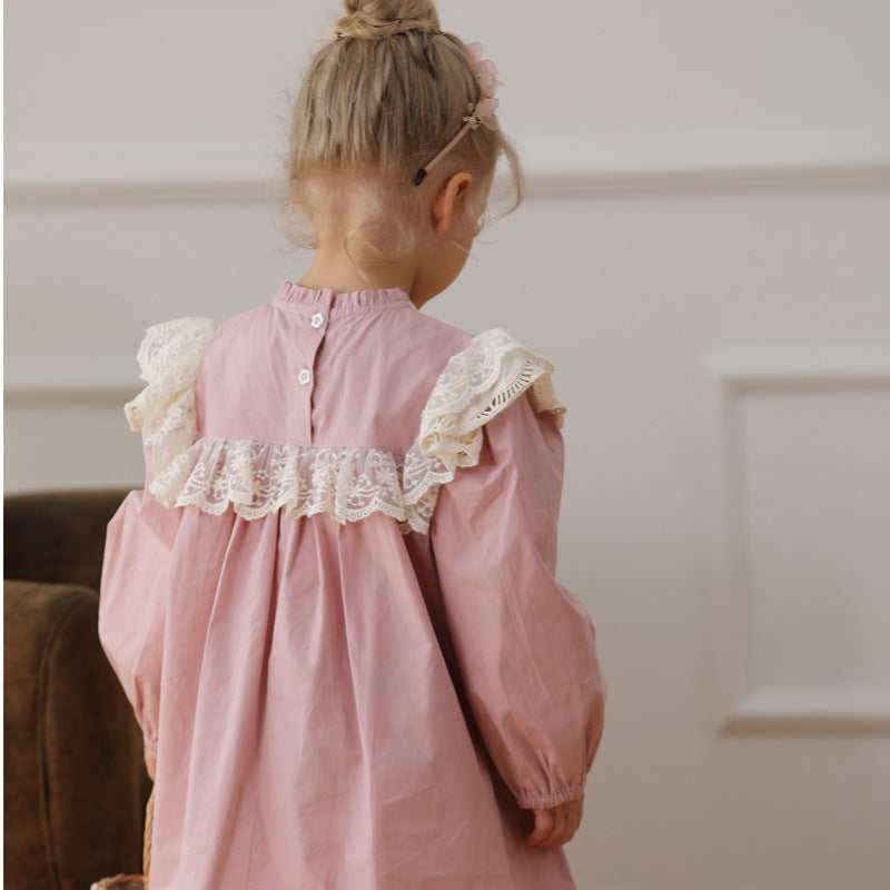 Design Autumn Girls Flowers Embroidery Pattern Long Sleeves French Style Lace Trim Dress-2