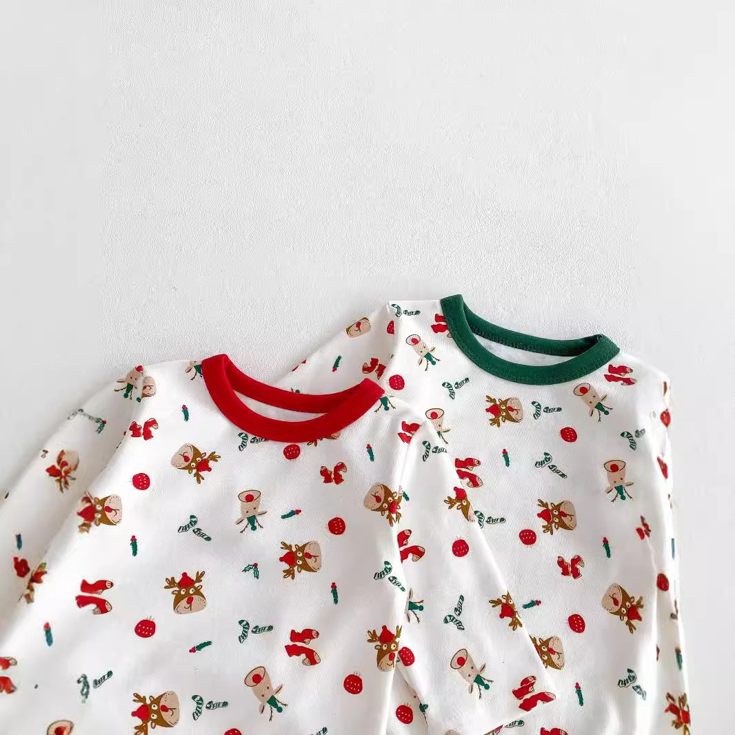 Autumn Arrival Baby Unisex Long Sleeves Christmas Cartoon Onesies with Hat and Plain Pants