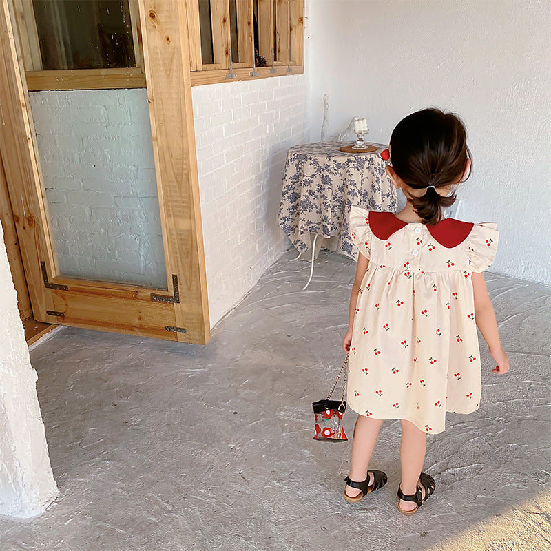 Summer Arrival Baby Girls Cherry Print Fly Sleeves Peter Pan Collar Dress-2