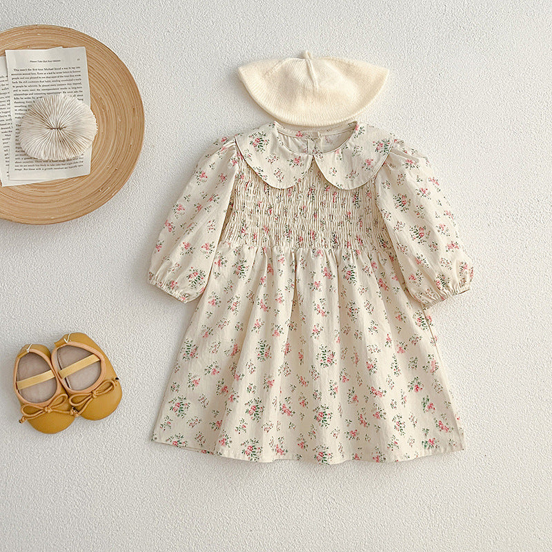 Arrival Autumn Floral Print Baby Kids Peter Pan Collar Onesies And Girls’ Dress – Princess Sister Matching Set