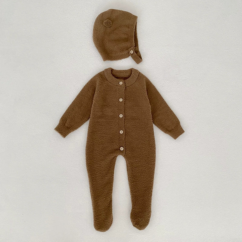 Autumn and Winter Arrival Unisex Baby’s Solid Color Crew Neck Fluffy Rompers