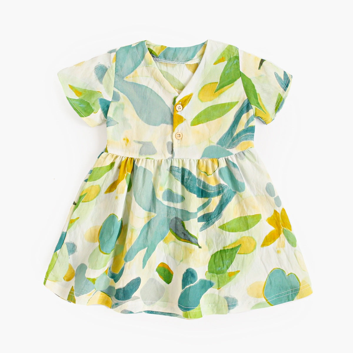 Summer Arrival Baby Girls Casual Leaves Print Short Sleeves V Neck Dress