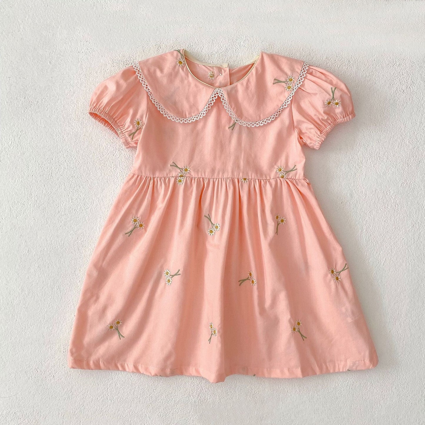 Summer Girls Simple Floral Embroidery Lace Trim Collar Short Sleeves Onesies and Girls’ Dress – Princess Sister Matching