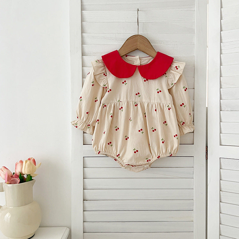 Arrival Autumn Baby Kids Girls Long Sleeves Cherry Pattern Peter Pan Collar Onesies and Dress ā Princess Sister Matching Set