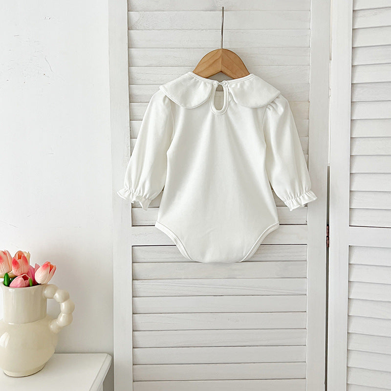 Autumn Arrival Baby Girls Long Sleeves Solid Color Peter Pan Collar White Onesies