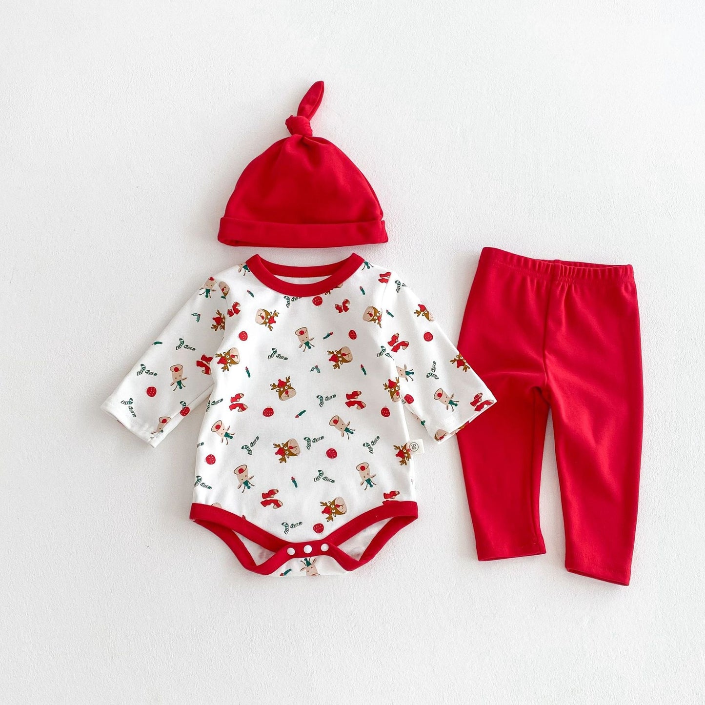 Autumn Arrival Baby Unisex Long Sleeves Christmas Cartoon Onesies with Hat and Plain Pants