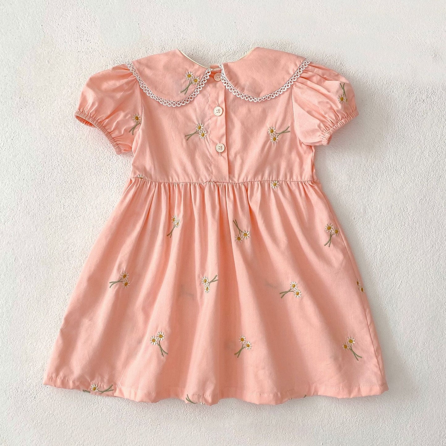 Summer Girls Simple Floral Embroidery Lace Trim Collar Short Sleeves Onesies and Girls’ Dress – Princess Sister Matching