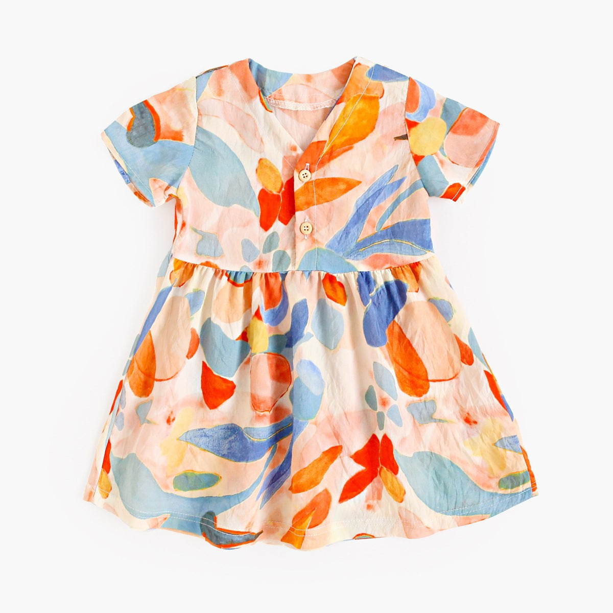 Summer Arrival Baby Girls Casual Leaves Print Short Sleeves V Neck Dress