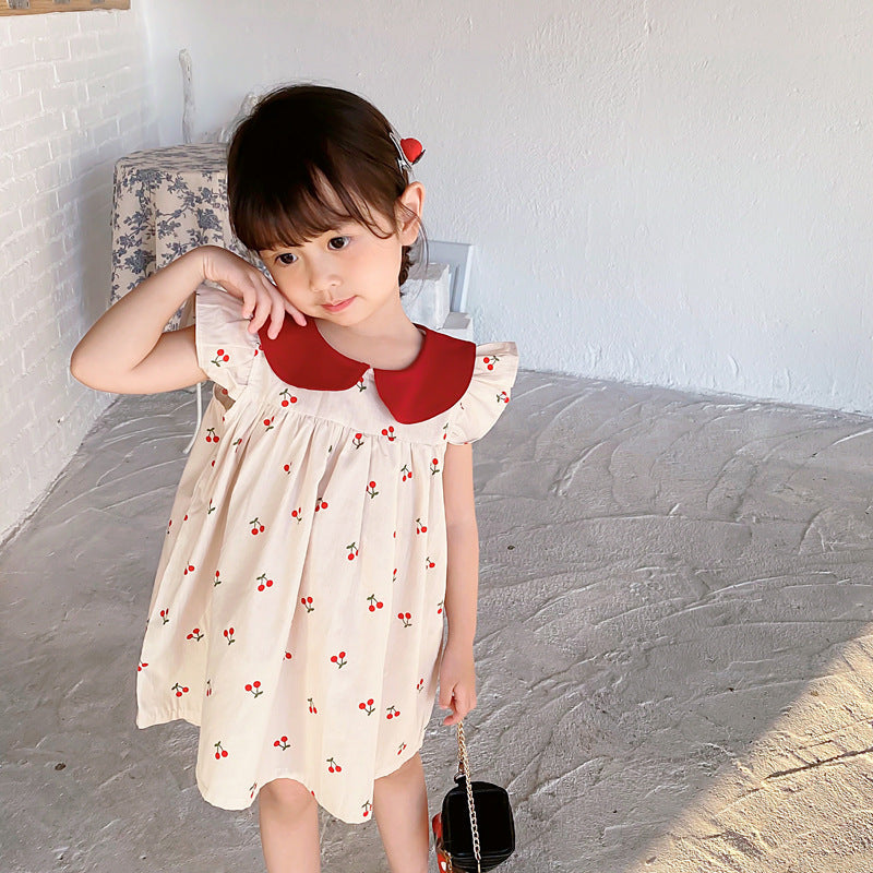 Summer Arrival Baby Girls Cherry Print Fly Sleeves Peter Pan Collar Dress-4