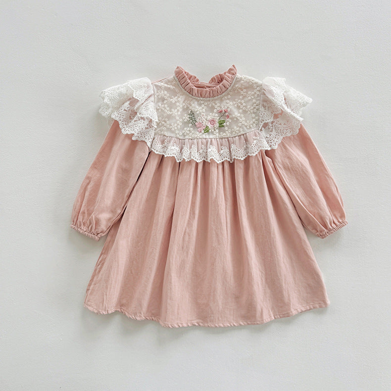 Arrival Autumn Girls Floral Embroidery Pattern Long Sleeves Ruffle Neck Dress