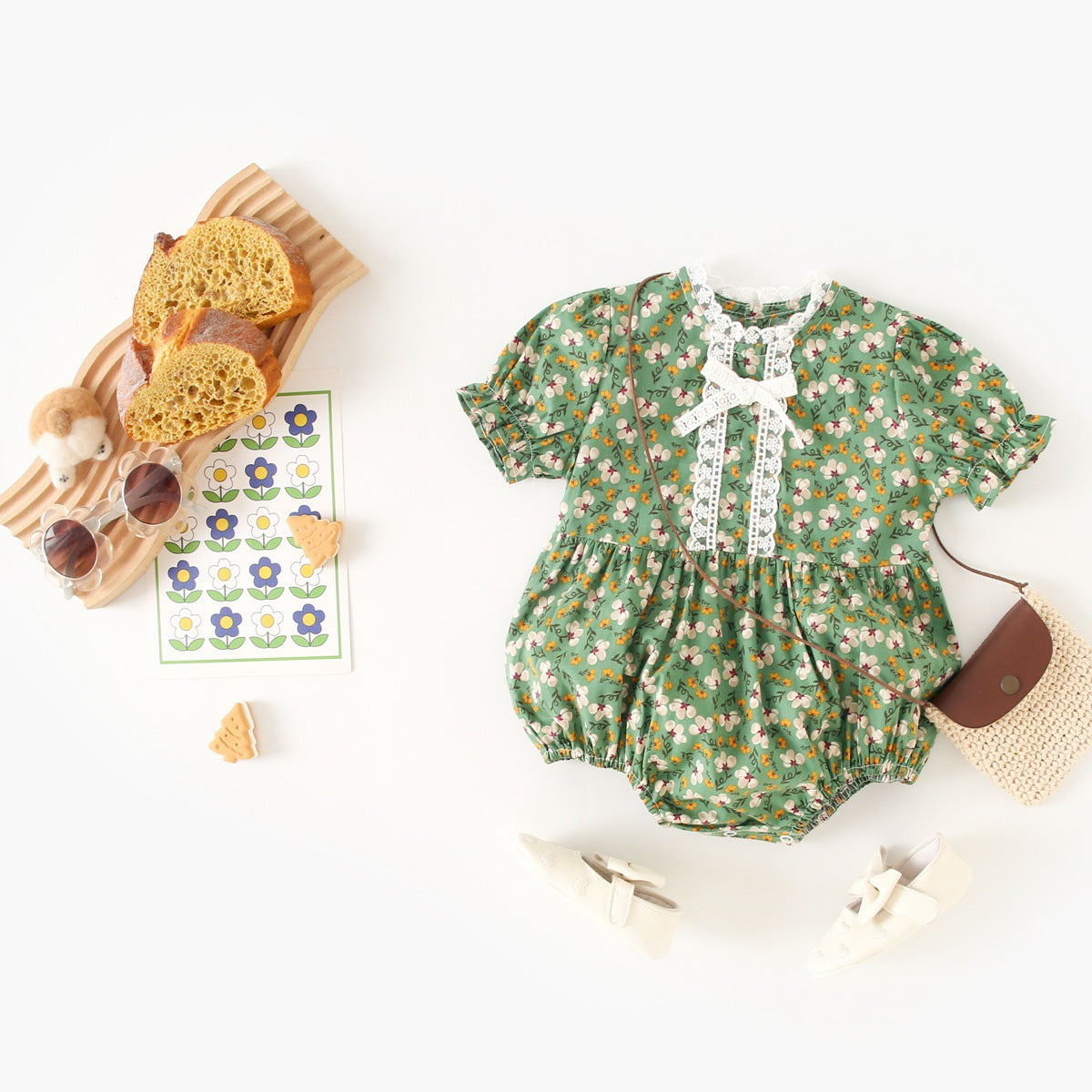 Summer Arrival Baby Girls Floral Print Short Sleeves Lace Neck Vintage Onesies-3