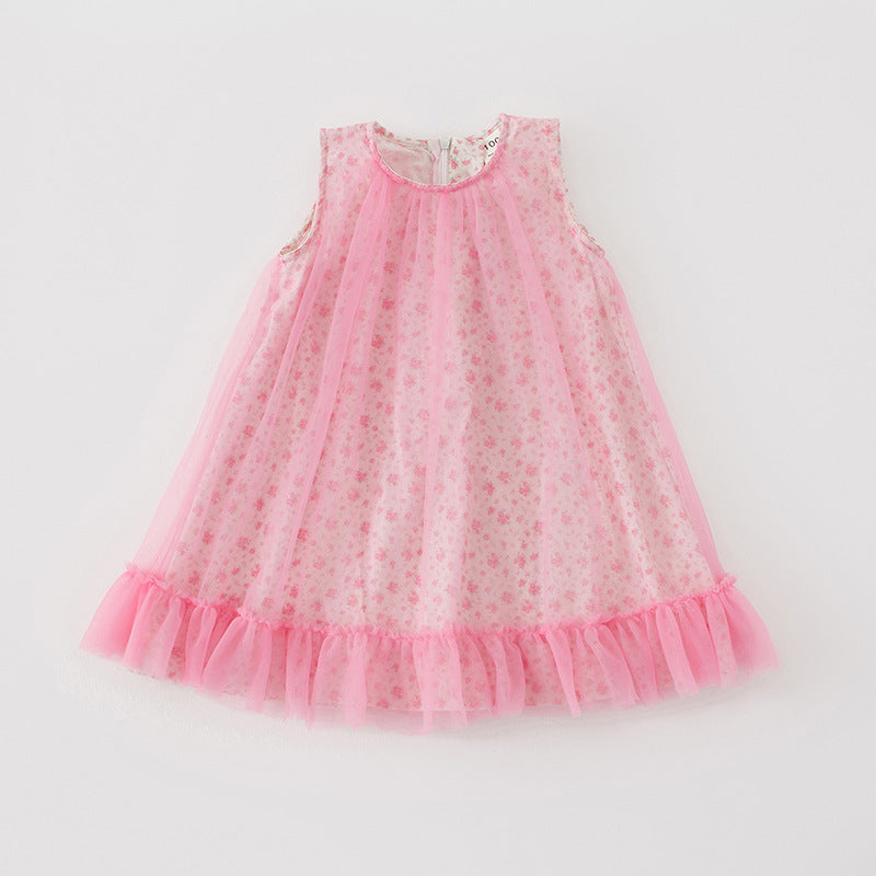 Design Summer Kids Girls Cute Floral Print Sleeveless Mesh Dress