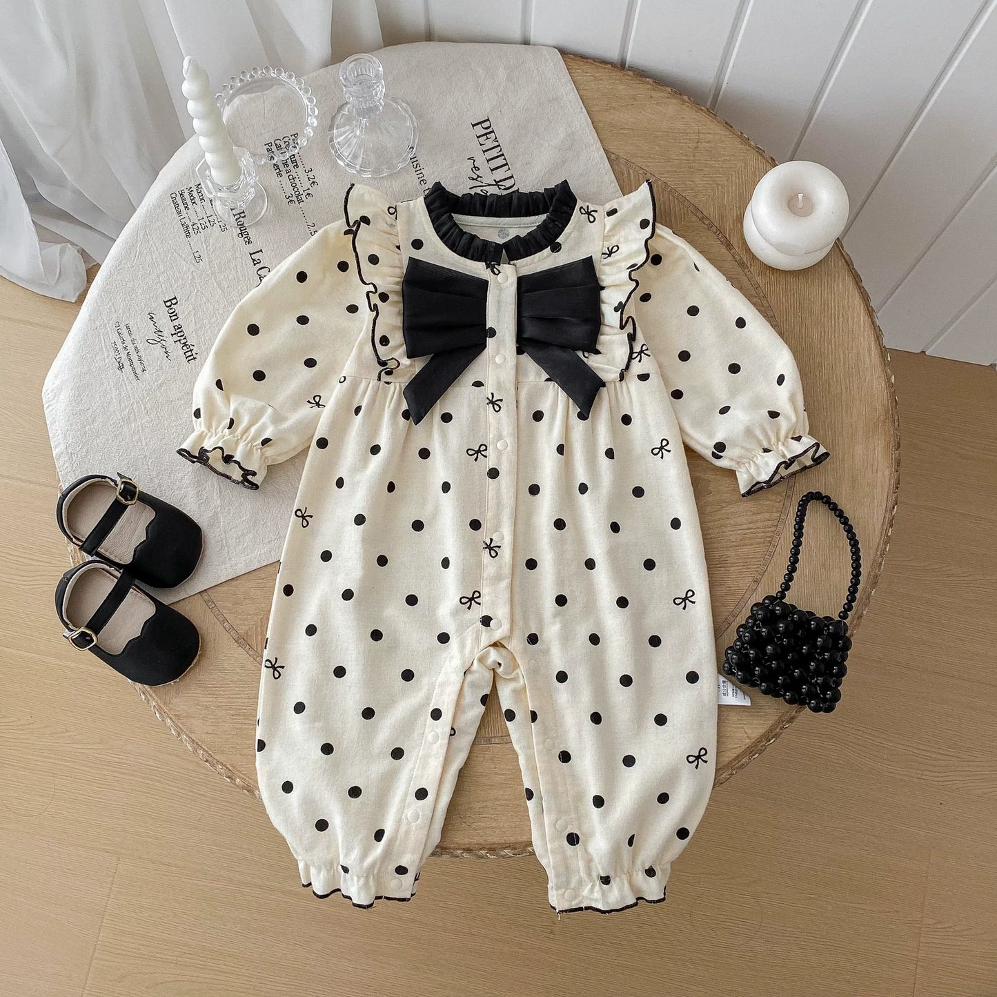 Autumn Arrival Baby Girls Long Sleeves Dots Pattern Rompers