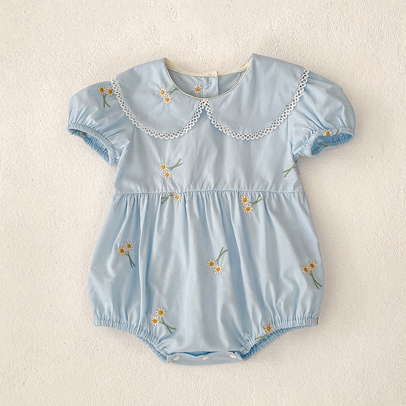 Summer Girls Simple Floral Embroidery Lace Trim Collar Short Sleeves Onesies and Girls’ Dress – Princess Sister Matching