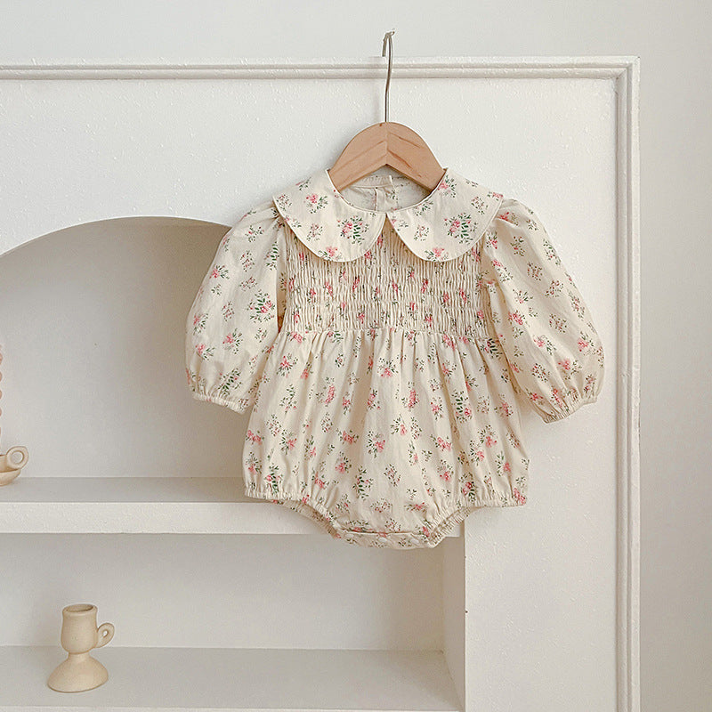 Arrival Autumn Floral Print Baby Kids Peter Pan Collar Onesies And Girls’ Dress – Princess Sister Matching Set