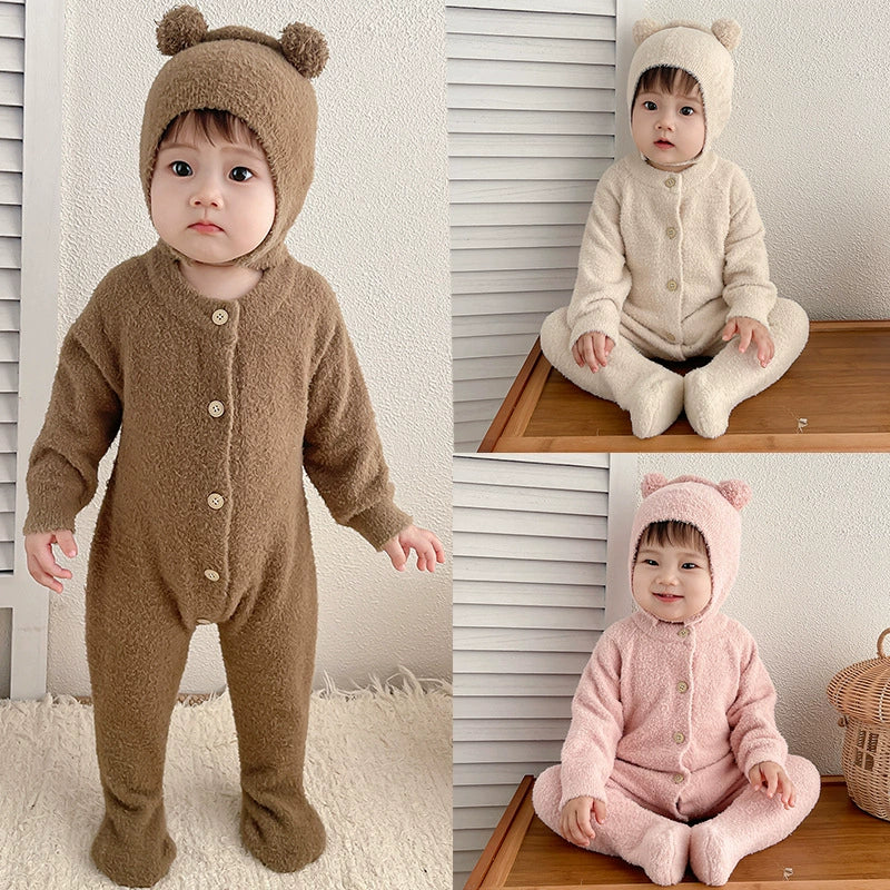 Autumn and Winter Arrival Unisex Baby’s Solid Color Crew Neck Fluffy Rompers