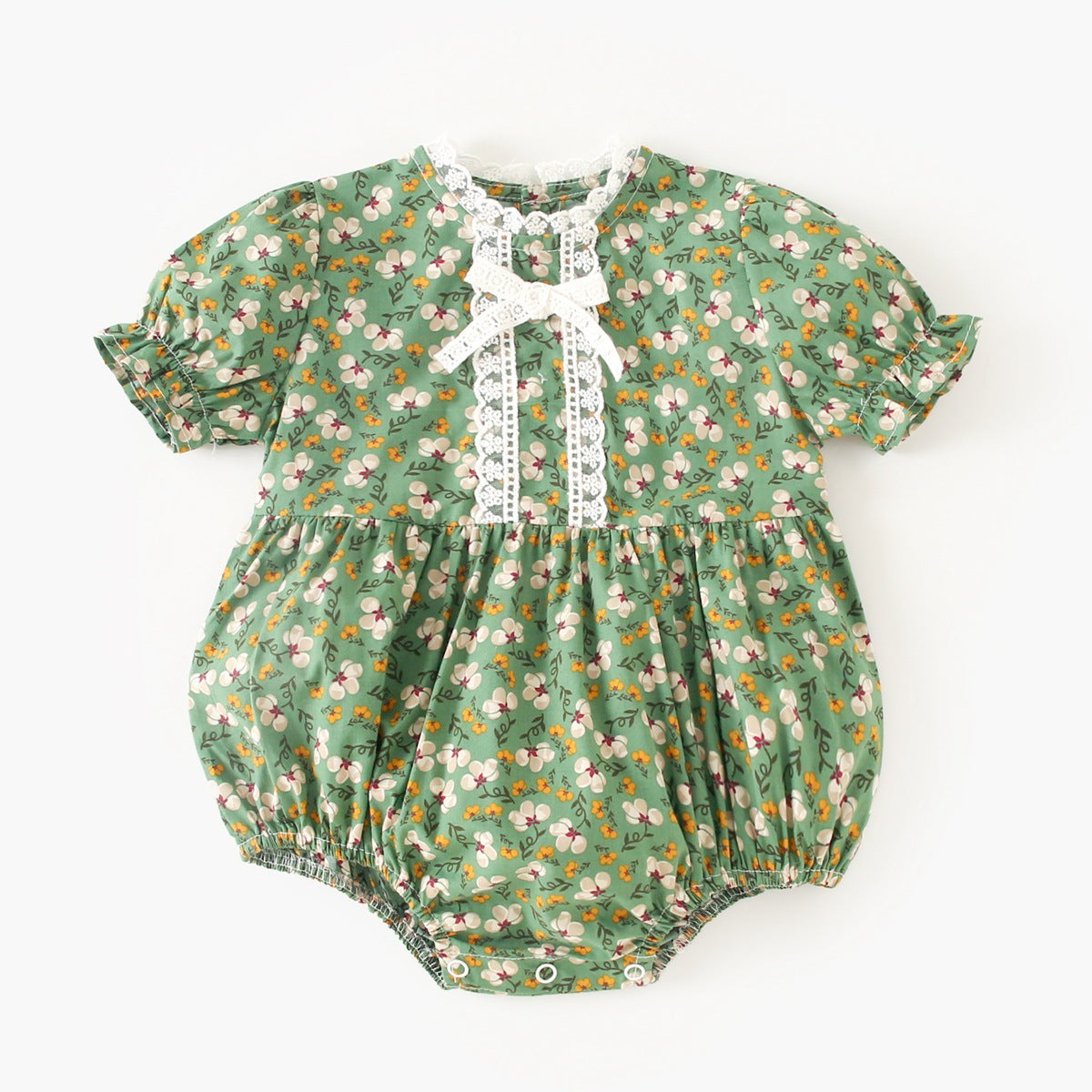 Summer Arrival Baby Girls Floral Print Short Sleeves Lace Neck Vintage Onesies-4