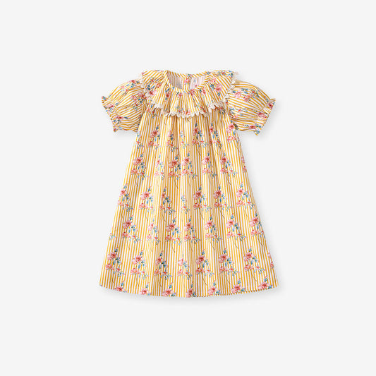 Summer Arrival Flowers and Stripe Pattern Short Sleeves Dress for Stylish Girls-0