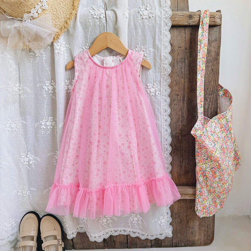 Design Summer Kids Girls Cute Floral Print Sleeveless Mesh Dress